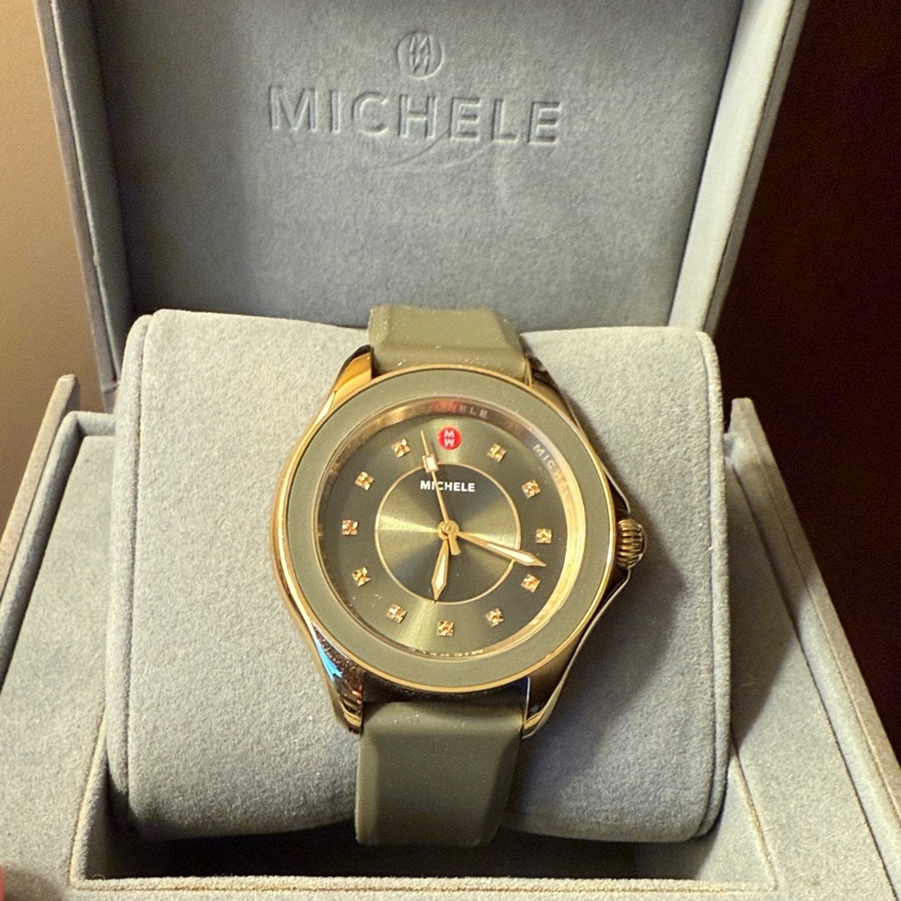 Michele Gold-Tone Watch with Olive Green Strap and Black Dial